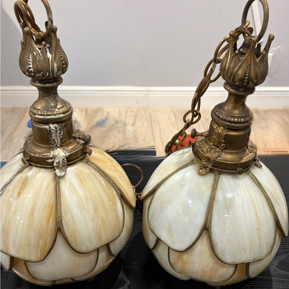 Vintage-Style Cream Slag Glass Pendant Light Pair with Brass Accents